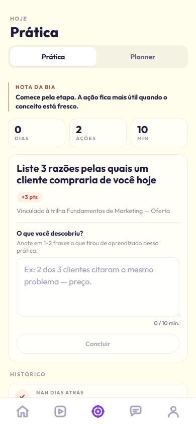 Print real da tela de prática e desafio diário do app Alas.