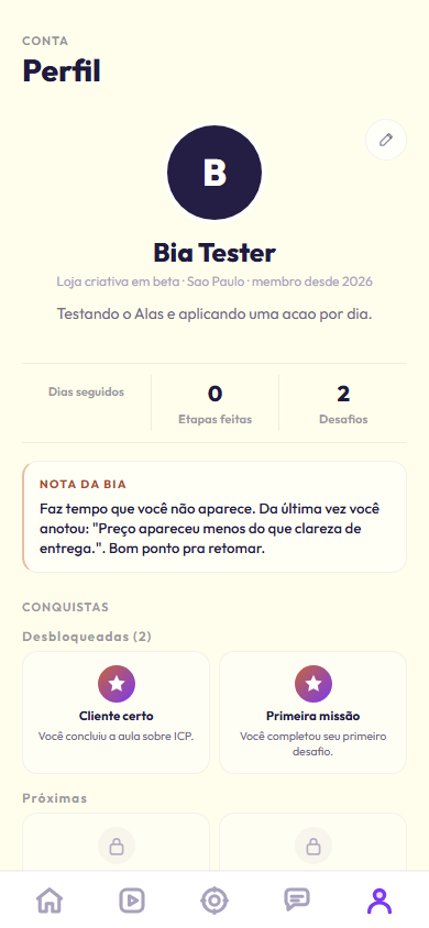 Print real do perfil gamificado no app Alas.